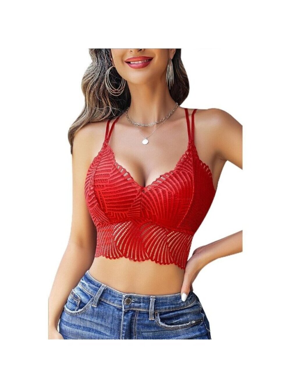 Women's Red Lace Camisoles Double-layered V-neck Sexy Bralettes Crop Top